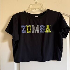 Zumba Fitness Black Crop Tee with Blue, White & Neon Yellow Logo